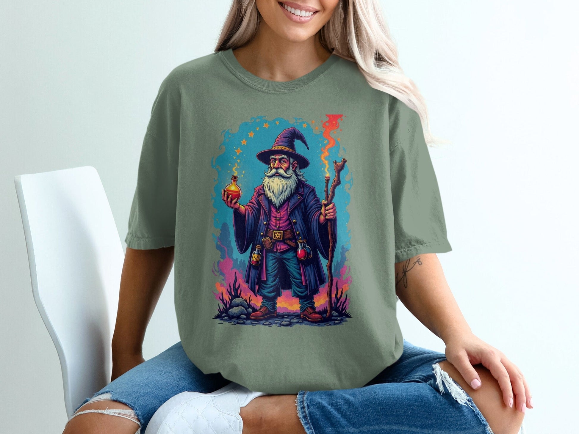 Wizard with Potion and Staff Fantasy Art Graphic T-Shirt - IconVexa