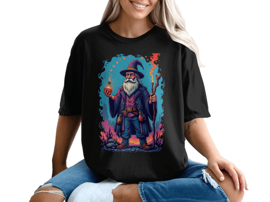 Wizard with Potion and Staff Fantasy Art Graphic T-Shirt - IconVexa