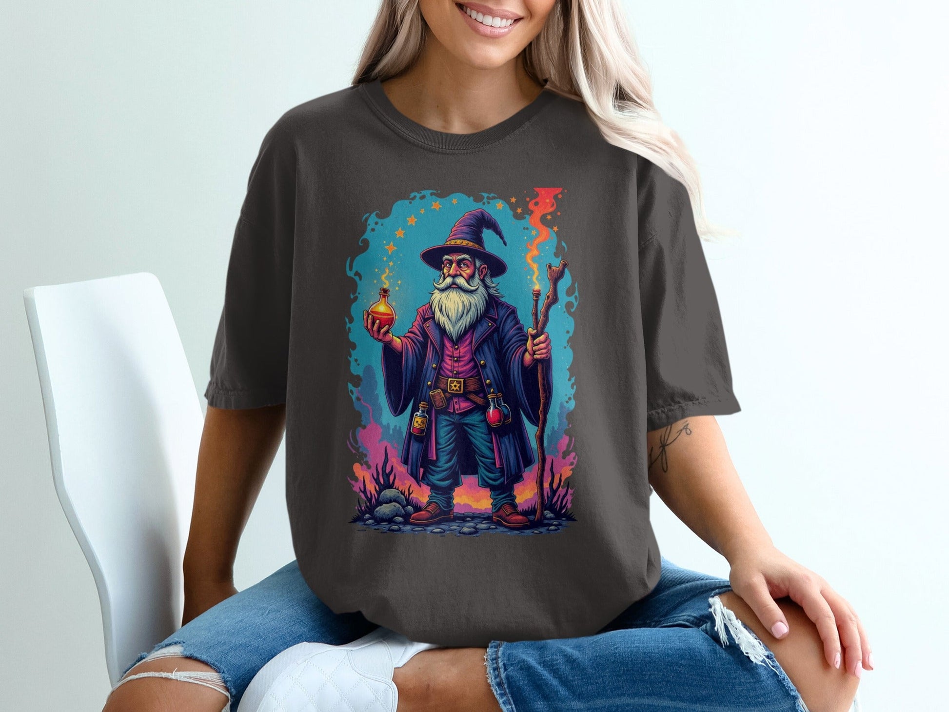 Wizard with Potion and Staff Fantasy Art Graphic T-Shirt - IconVexa