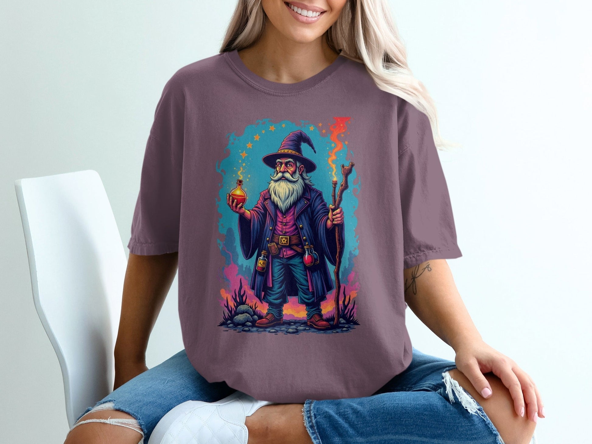 Wizard with Potion and Staff Fantasy Art Graphic T-Shirt - IconVexa