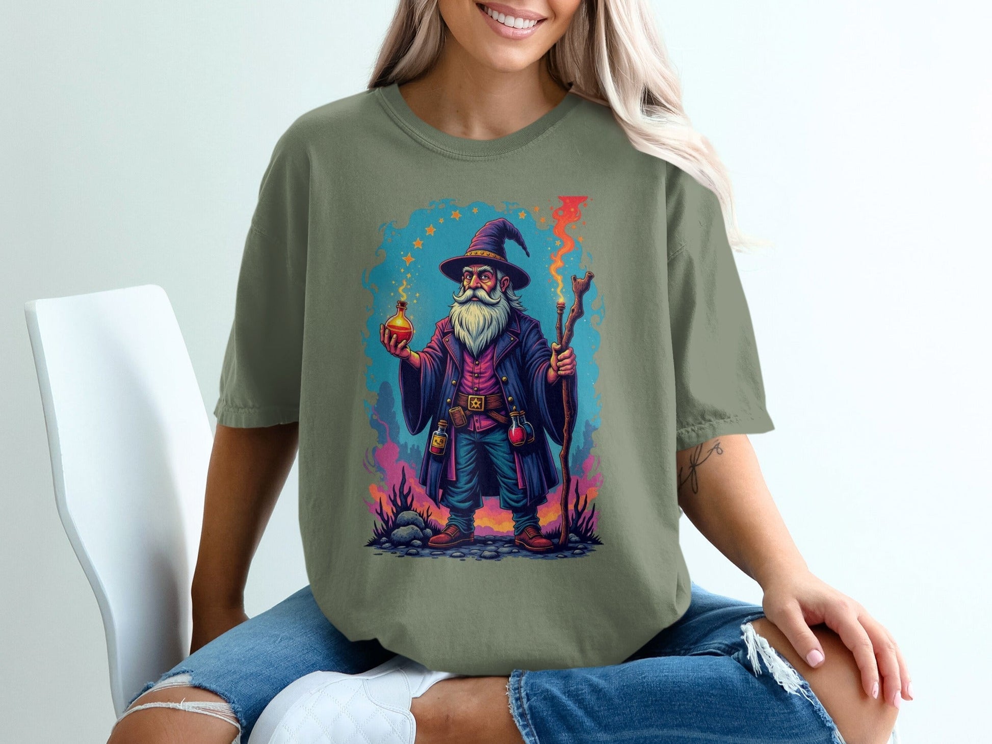 Wizard with Potion and Staff Fantasy Art Graphic T-Shirt - IconVexa
