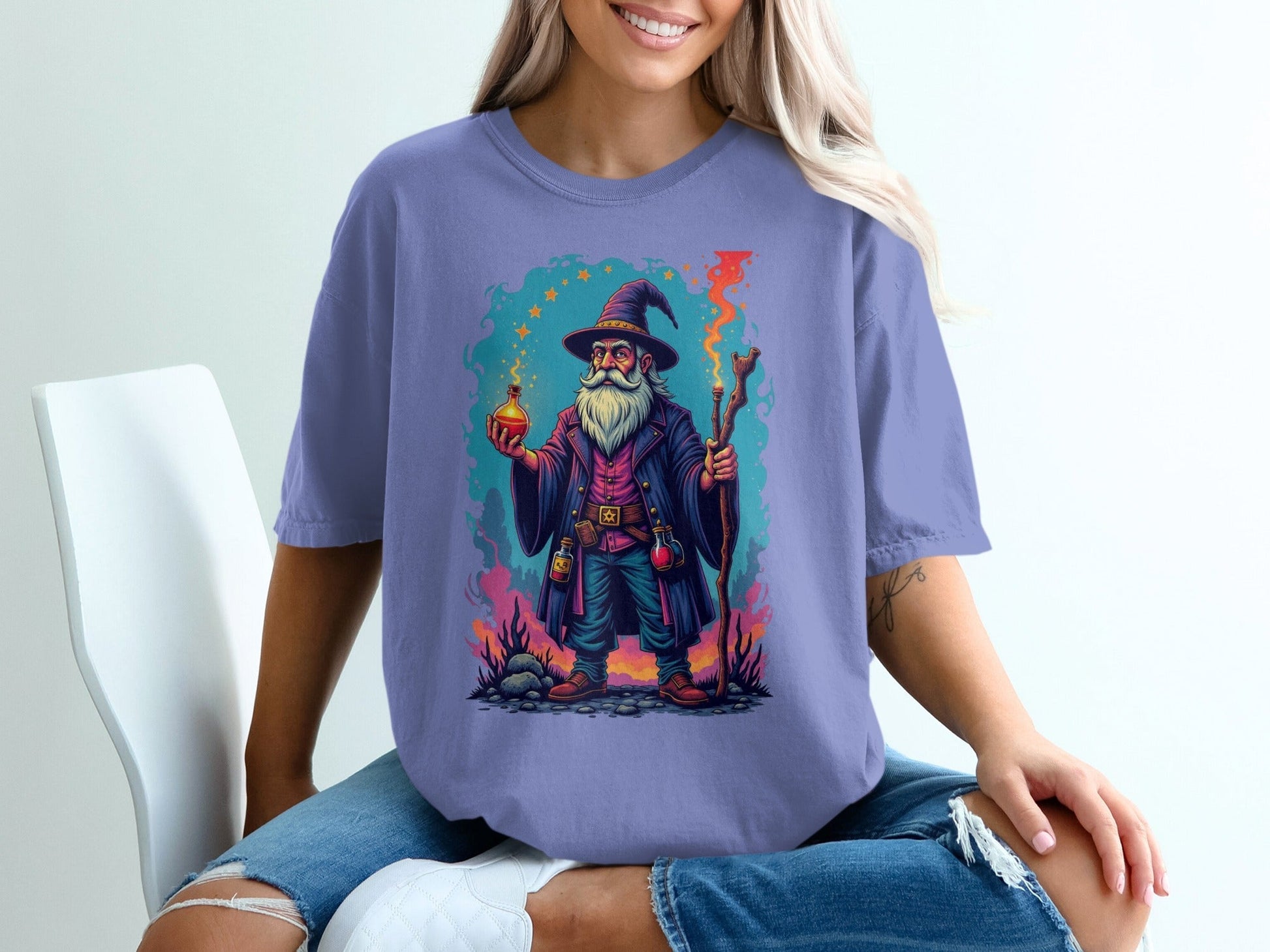 Wizard with Potion and Staff Fantasy Art Graphic T-Shirt - IconVexa