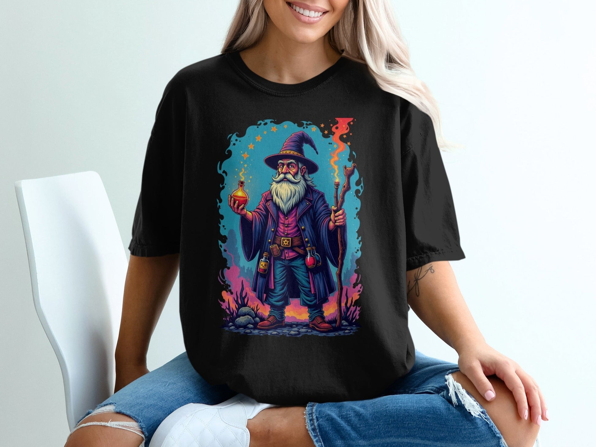 Wizard with Potion and Staff Fantasy Art Graphic T-Shirt - IconVexa