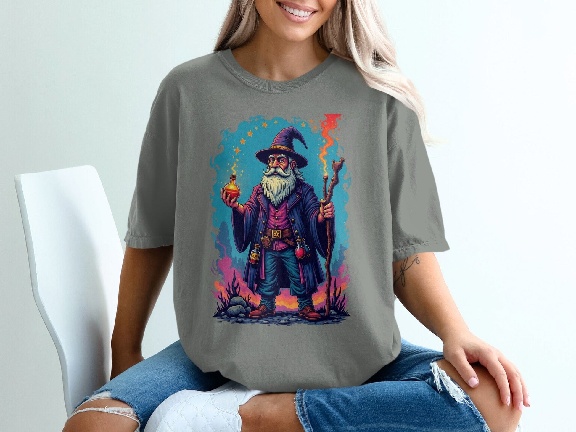 Wizard with Potion and Staff Fantasy Art Graphic T-Shirt - IconVexa