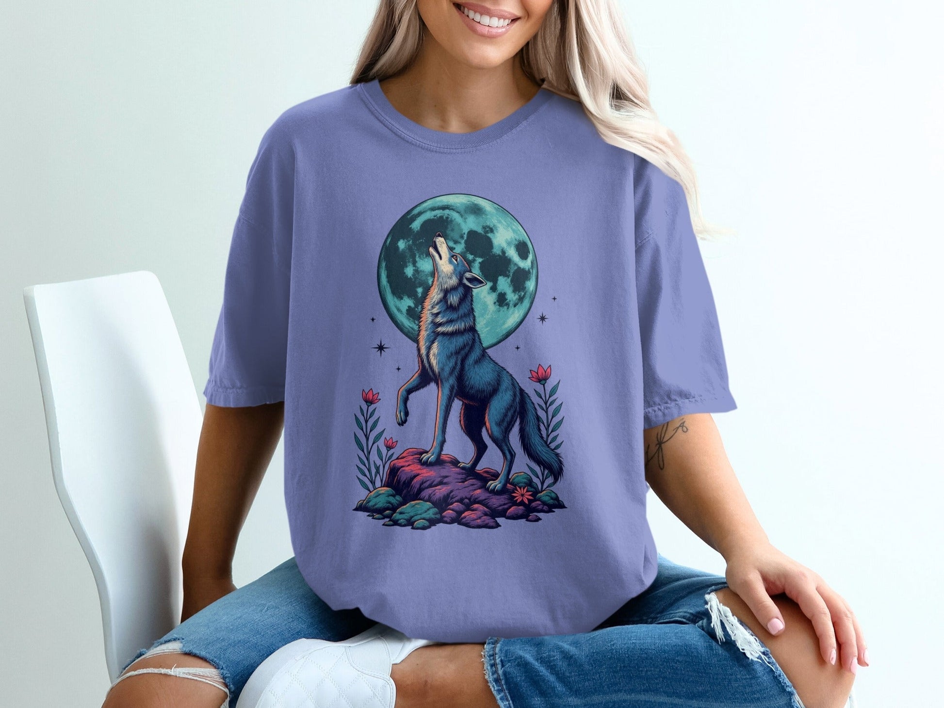 Wolf Moon Graphic Floral Stylish Women Design Printed T-Shirt - IconVexa