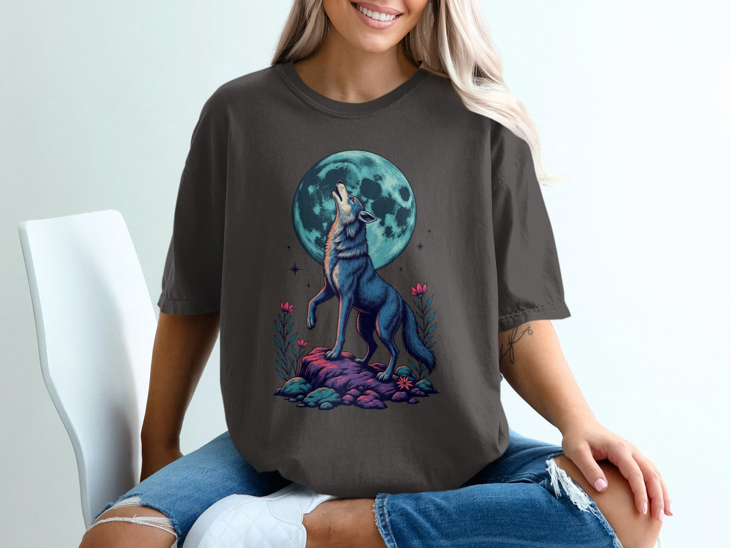 Wolf Moon Graphic Floral Stylish Women Design Printed T-Shirt - IconVexa