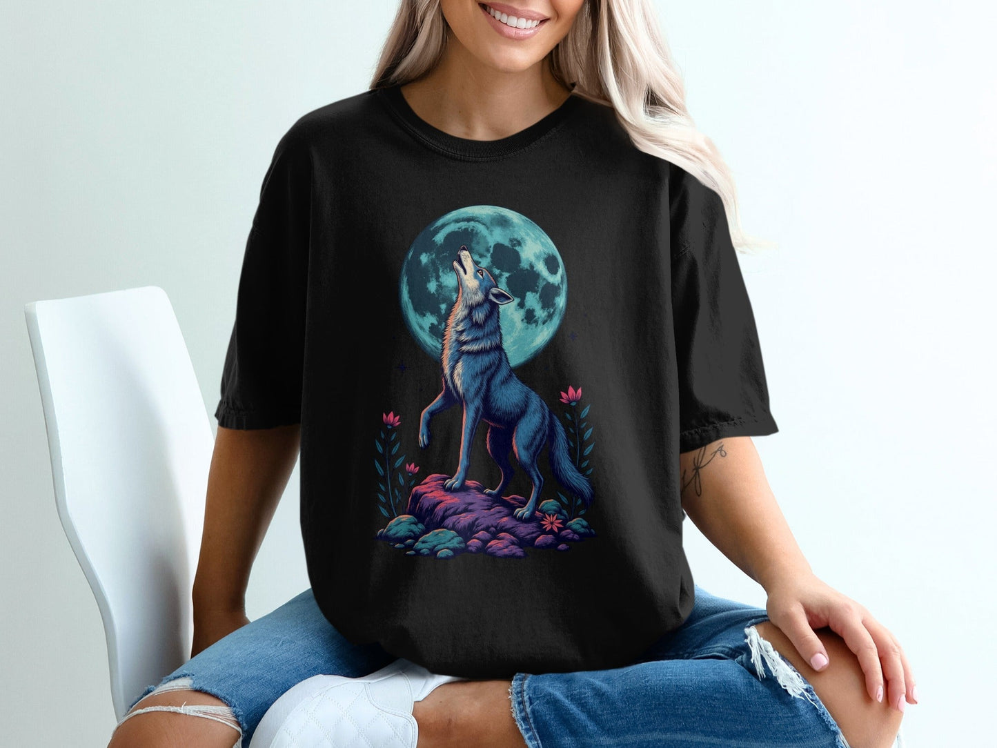 Wolf Moon Graphic Floral Stylish Women Design Printed T-Shirt - IconVexa