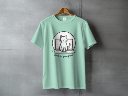 Work in Pawgress Cat and Laptop Funny Design T-Shirt - IconVexa