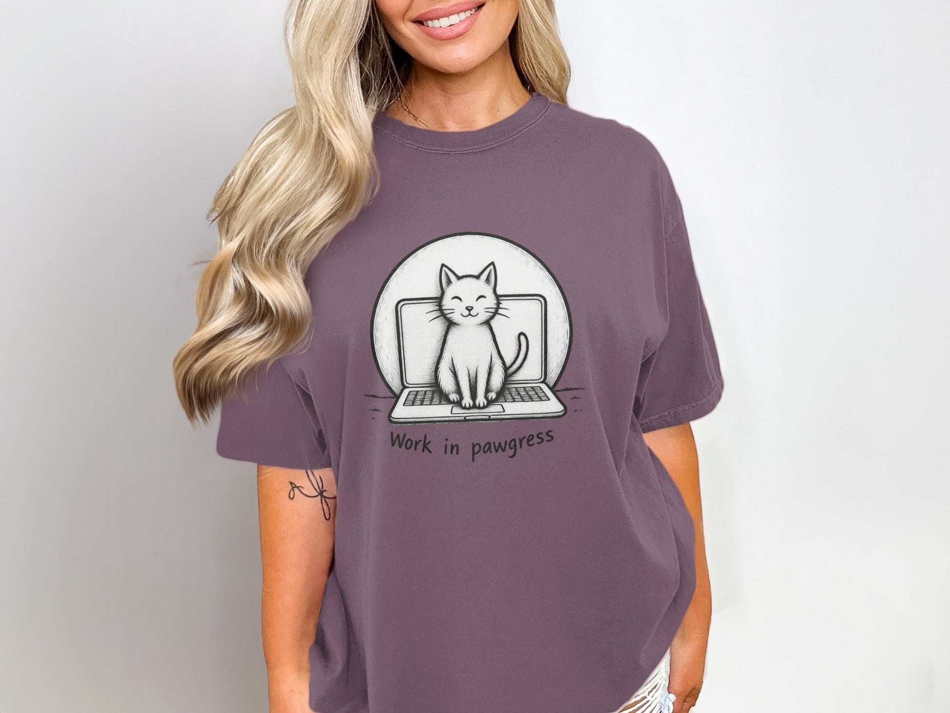 Work in Pawgress Cat and Laptop Funny Design T-Shirt - IconVexa