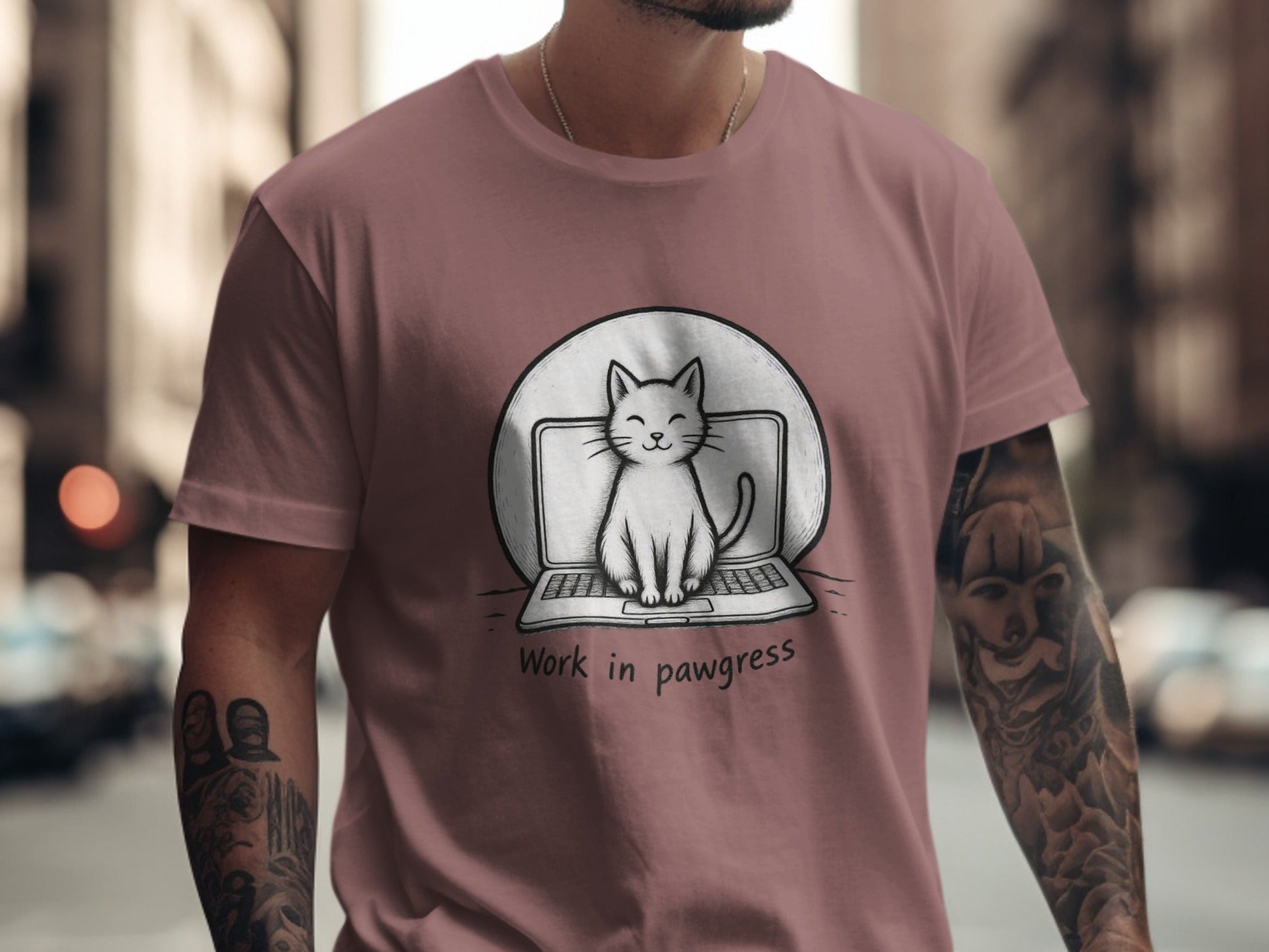 Work in Pawgress Cat and Laptop Funny Design T-Shirt - IconVexa