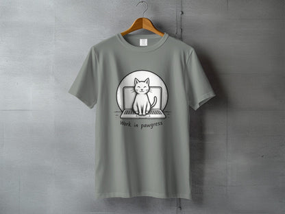 Work in Pawgress Cat and Laptop Funny Design T-Shirt - IconVexa