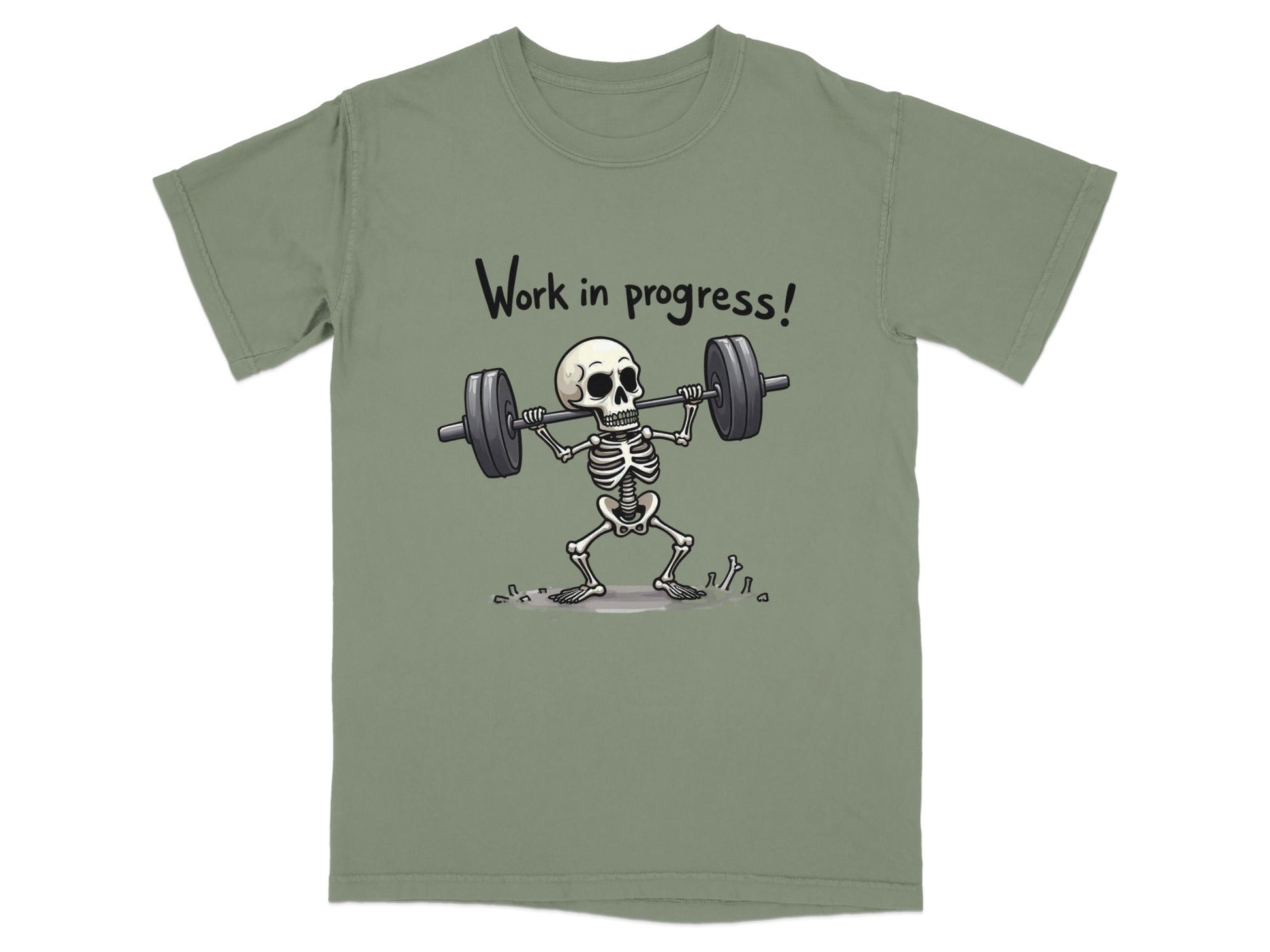 Work In Progress Skeleton Weightlifting Funny Graphic T-Shirt - IconVexa