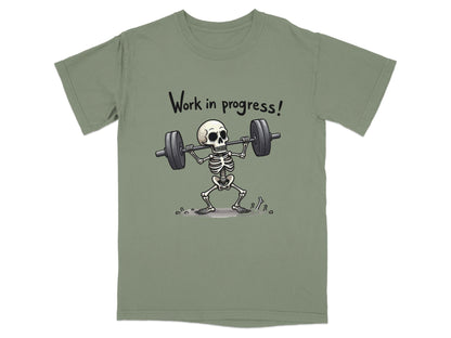 Work In Progress Skeleton Weightlifting Funny Graphic T-Shirt - IconVexa
