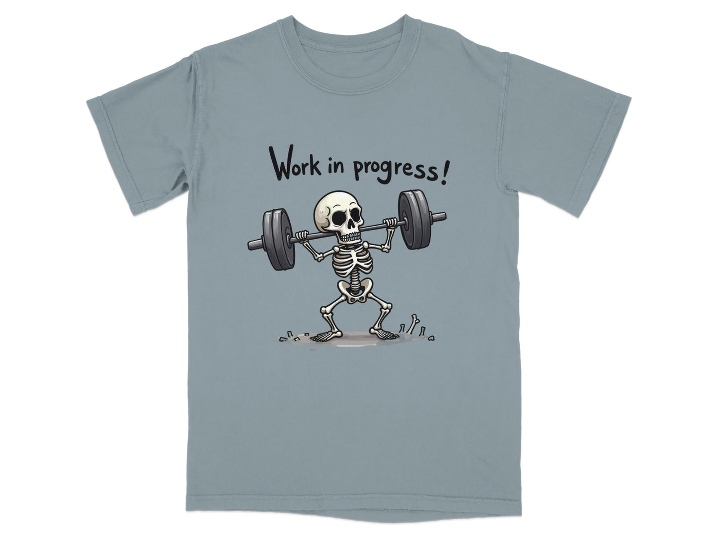 Work In Progress Skeleton Weightlifting Funny Graphic T-Shirt - IconVexa