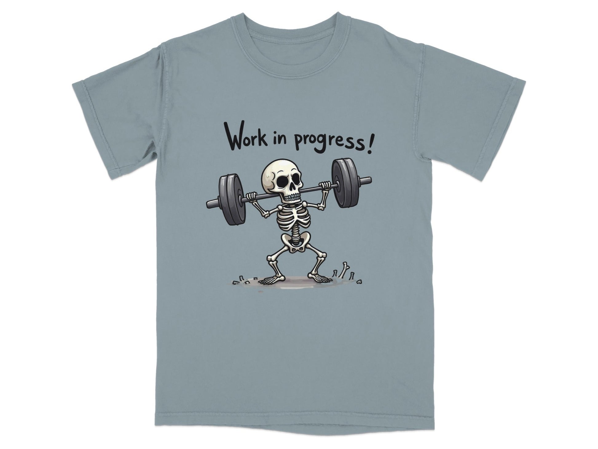 Work In Progress Skeleton Weightlifting Funny Graphic T-Shirt - IconVexa