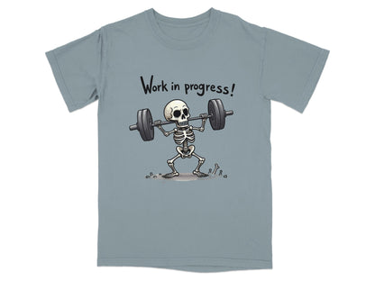 Work In Progress Skeleton Weightlifting Funny Graphic T-Shirt - IconVexa