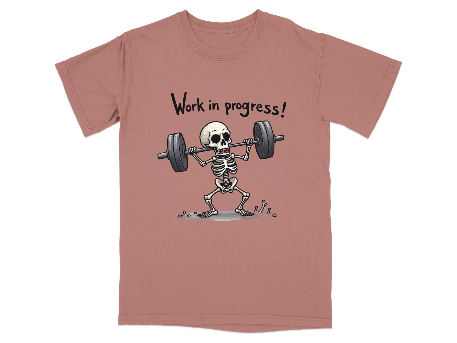 Work In Progress Skeleton Weightlifting Funny Graphic T-Shirt - IconVexa