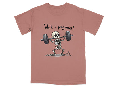 Work In Progress Skeleton Weightlifting Funny Graphic T-Shirt - IconVexa