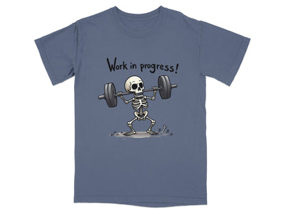 Work In Progress Skeleton Weightlifting Funny Graphic T-Shirt - IconVexa