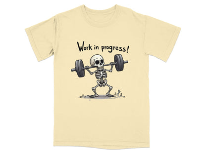 Work In Progress Skeleton Weightlifting Funny Graphic T-Shirt - IconVexa