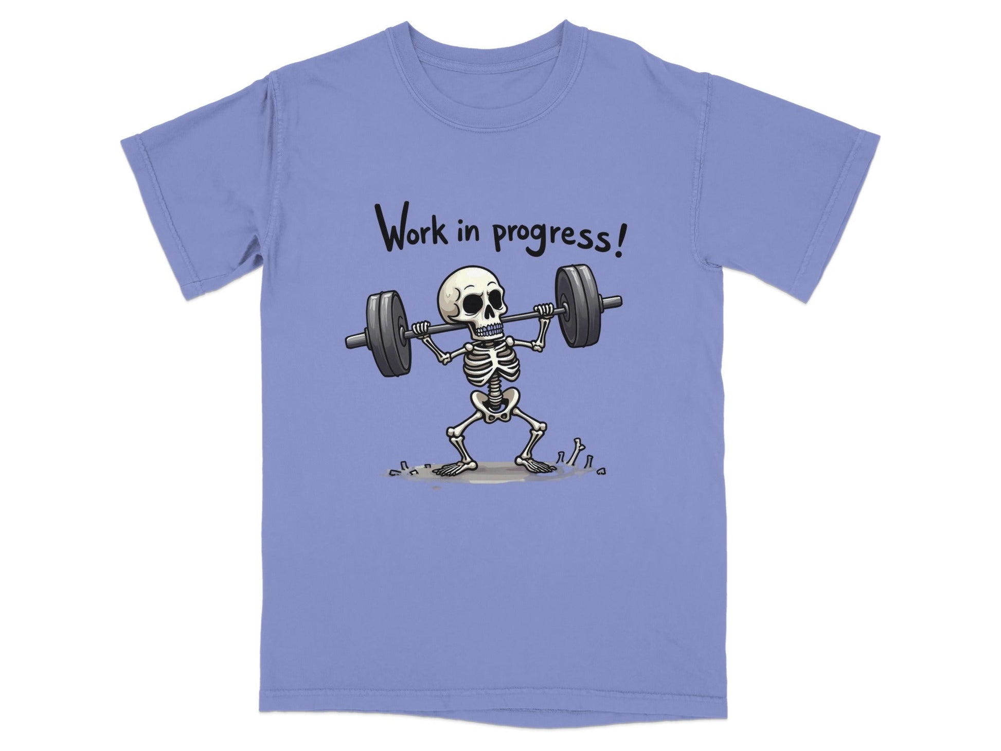 Work In Progress Skeleton Weightlifting Funny Graphic T-Shirt - IconVexa
