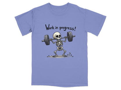 Work In Progress Skeleton Weightlifting Funny Graphic T-Shirt - IconVexa
