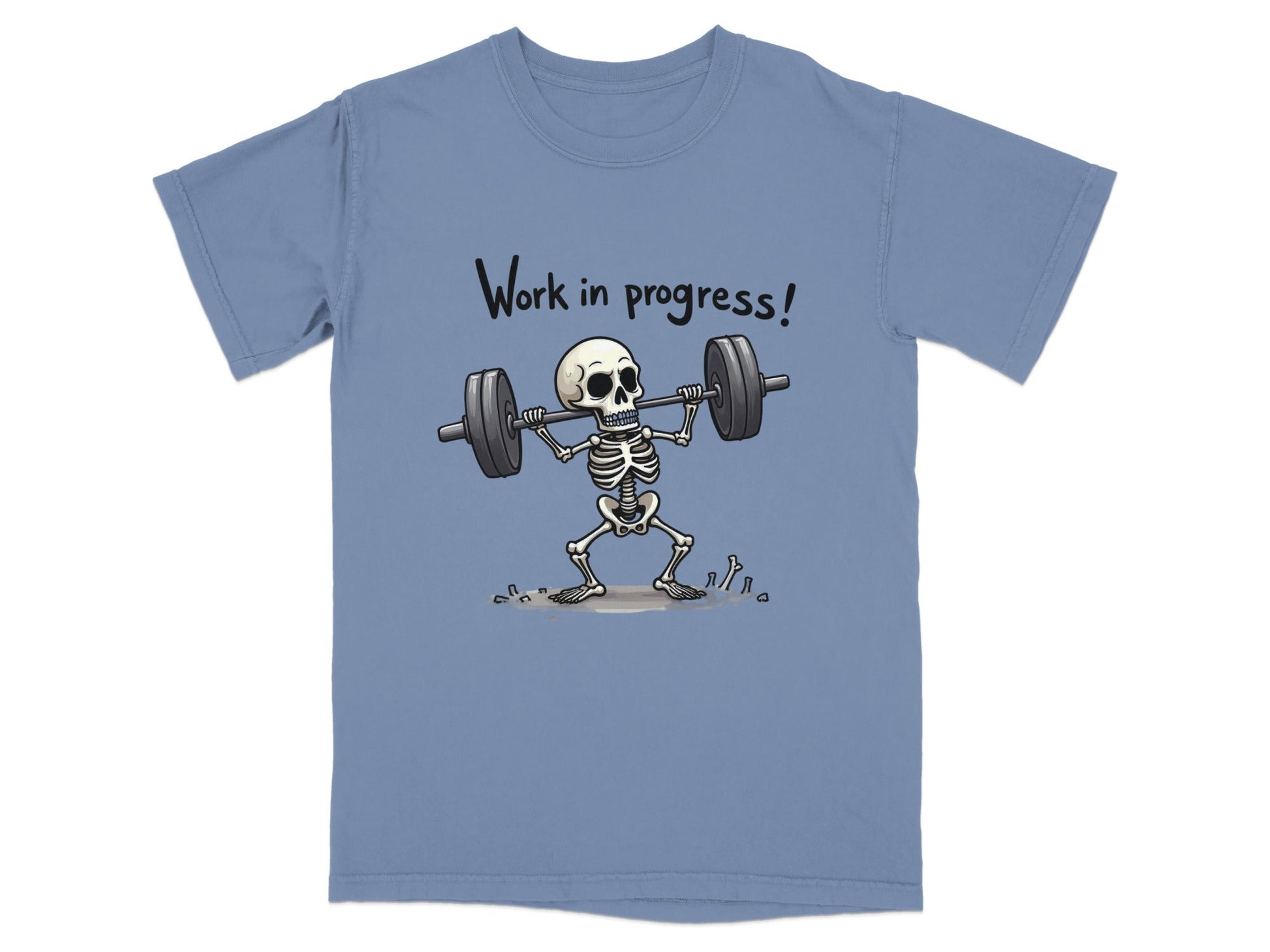 Work In Progress Skeleton Weightlifting Funny Graphic T-Shirt - IconVexa