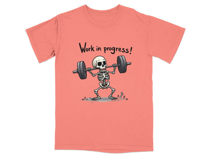 Work In Progress Skeleton Weightlifting Funny Graphic T-Shirt - IconVexa