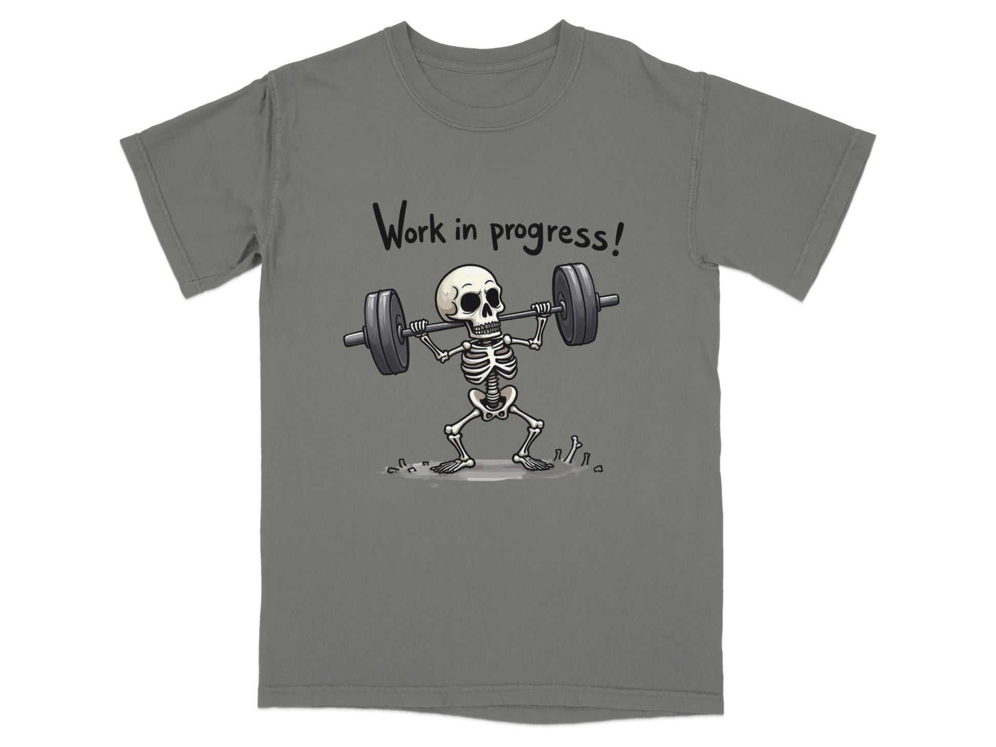 Work In Progress Skeleton Weightlifting Funny Graphic T-Shirt - IconVexa