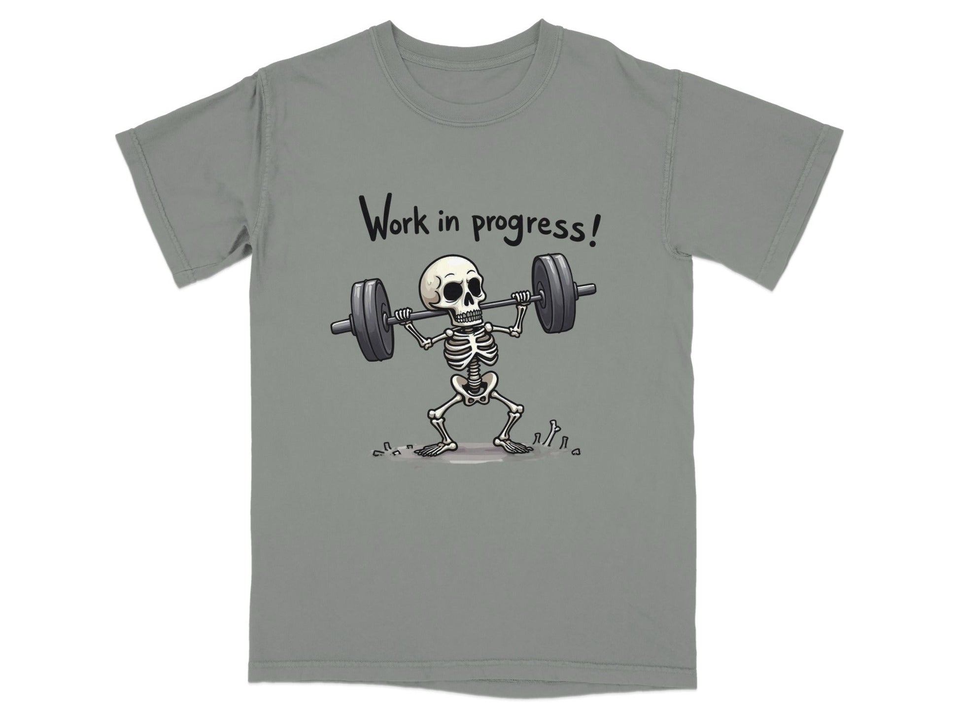 Work In Progress Skeleton Weightlifting Funny Graphic T-Shirt - IconVexa