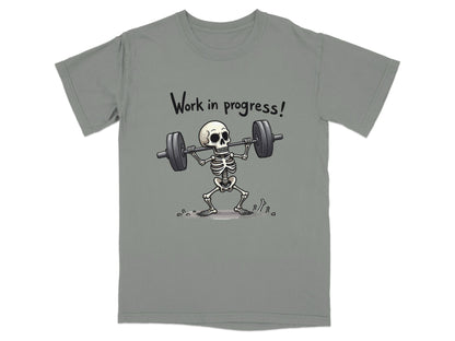 Work In Progress Skeleton Weightlifting Funny Graphic T-Shirt - IconVexa