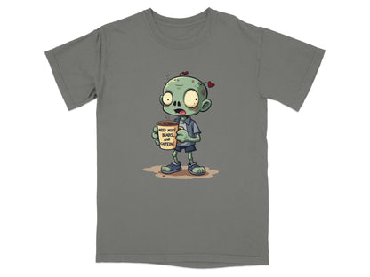 Zombie Need More Brains And Caffeine Funny Graphic T-Shirt - IconVexa